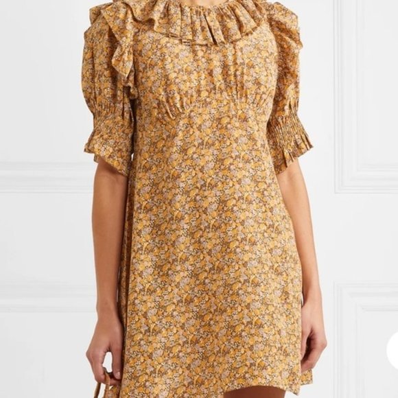 DOEN Lady Emma Floral Baudoin ruffled silk crepe de chine mini dress Sz XXS